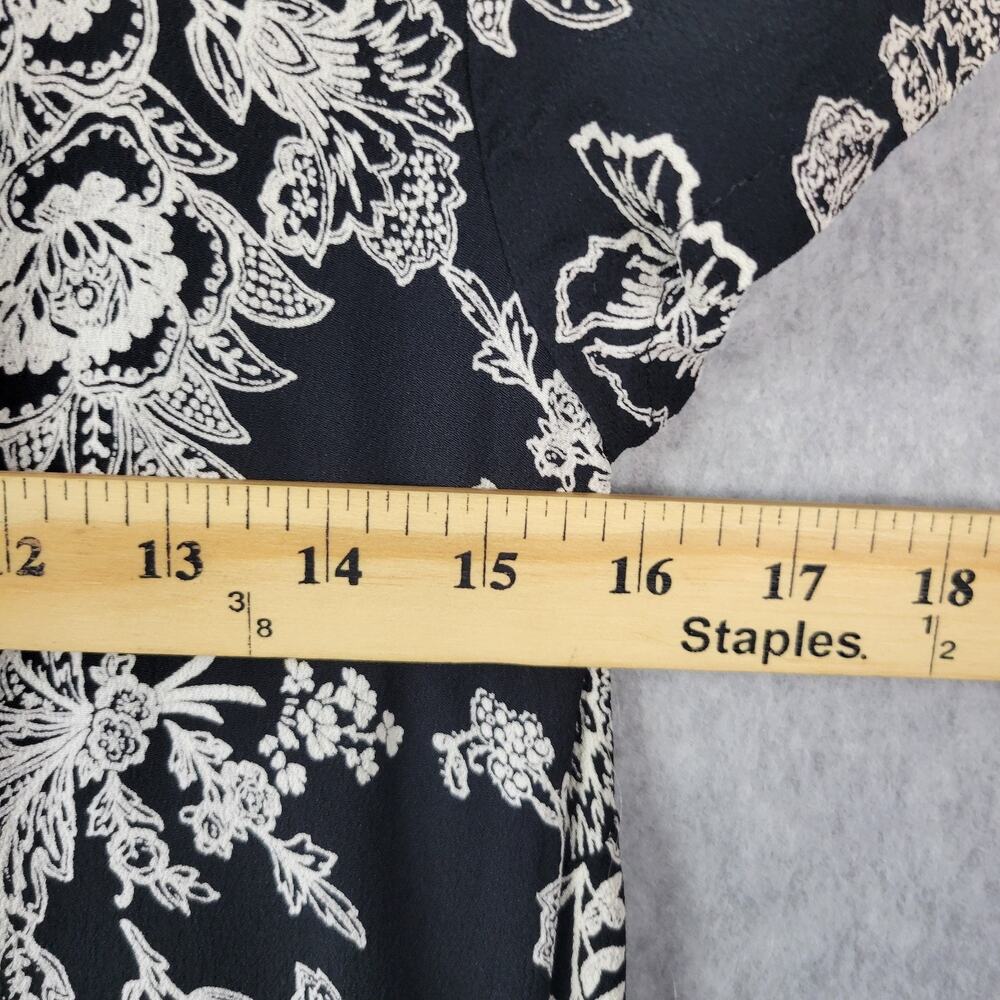 Citron Santa Monica Black Floral SS Faux Wrap Midi Shift Dress Medium Pockets - Picture 10 of 12